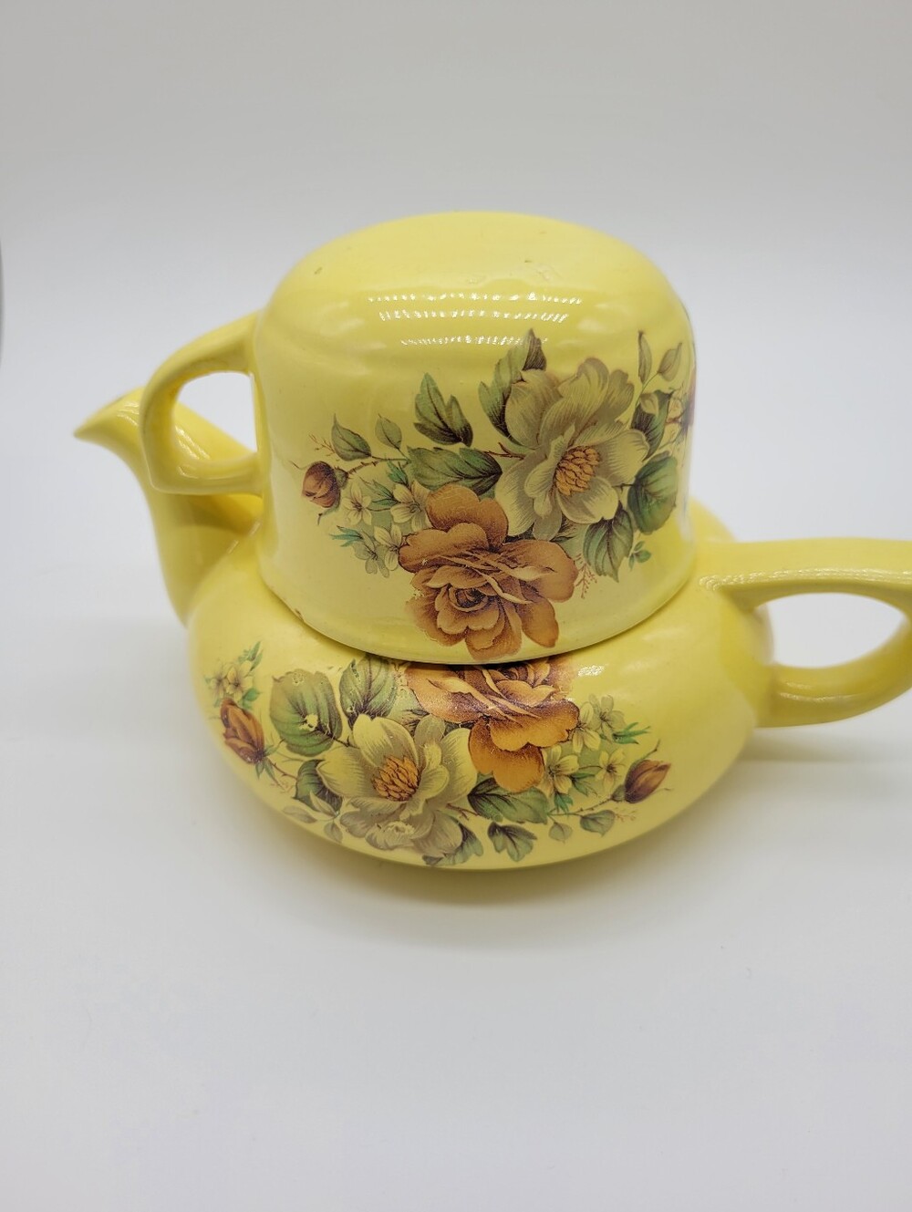 VTG Signed Yellow Ceramic Stacking Tea for One Teapot Cup Set Pink Peach Rose